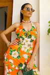 Shop_Sanam_Orange Muslin Halter Neck Jasmine Print Kurta And Pant Set _Online_at_Aza_Fashions
