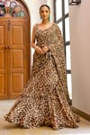 Buy_Sanam_Brown Chiffon Sweetheart Neck Leo Printed Pre-draped Saree With Blouse _Online_at_Aza_Fashions