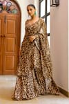 Sanam_Brown Chiffon Sweetheart Neck Leo Printed Pre-draped Saree With Blouse _at_Aza_Fashions