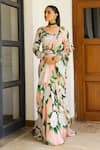 Sanam_Pink Satin, Silk Embroidery Charlotte Floral Print Pre-draped Saree With Blouse _Online_at_Aza_Fashions