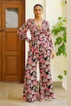 Buy_Sanam_Black Chiffon V-neck Rose Print Peplum Top And Pant Set _at_Aza_Fashions