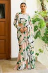 Buy_Sanam_Beige Chiffon Embroidery Isabella Floral Print Pre-draped Saree With Blouse _at_Aza_Fashions