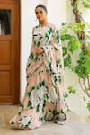Shop_Sanam_Beige Chiffon Embroidery Isabella Floral Print Pre-draped Saree With Blouse _Online_at_Aza_Fashions