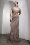 Buy_Rocky Star_Gray Net Sequins, Beads Sweetheart Neck Embellished Bodycon Gown _at_Aza_Fashions