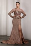 Buy Rocky Star Beige Net Sequins, Embroidery Round Neck Embellished Gown at Aza Fashions Buy_Rocky Star_Beige Net Sequins, Embroidery Round Neck Embellished Gown _at_Aza_Fashions
