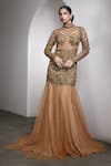 Buy Rocky Star Beige Net Sequins, Embroidery High Neck Embellished Flared Hem Gown at Aza Fashions Buy_Rocky Star_Beige Net Sequins, Embroidery High Neck Embellished Flared Hem Gown _at_Aza_Fashions