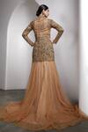 Shop Rocky Star Beige Net Sequins, Embroidery High Neck Embellished Flared Hem Gown at Aza Fashions Shop_Rocky Star_Beige Net Sequins, Embroidery High Neck Embellished Flared Hem Gown _at_Aza_Fashions