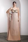 Buy Rocky Star Beige Lycra, Net Fringe, Beads Scoop , Round Embellished Gown With Cape at Aza Fashions Buy_Rocky Star_Beige Lycra, Net Fringe, Beads Scoop , Round Embellished Gown With Cape _at_Aza_Fashions