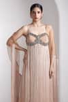Rocky Star Beige Lycra, Net Fringe, Beads Scoop , Round Embellished Gown With Cape Online at Aza Fashions Rocky Star_Beige Lycra, Net Fringe, Beads Scoop , Round Embellished Gown With Cape _Online_at_Aza_Fashions