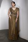 Buy_Rocky Star_Olive Green Georgette, Net Sequins, Embellished Blouse And Pre-draped Saree Set _at_Aza_Fashions