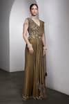Buy_Rocky Star_Olive Green Georgette, Net Sequins, Embellished Blouse And Pre-draped Saree Set _Online_at_Aza_Fashions