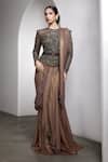 Buy_Rocky Star_Brown Georgette, Net Embroidery, Embellished Blouse And Pre-draped Saree Set _Online_at_Aza_Fashions