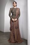 Buy_Rocky Star_Brown Georgette, Net Embroidery, Embellished Blouse And Pre-draped Saree Set _at_Aza_Fashions