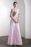 Rocky Star_Pink Net Embroidery Round Neck Embellished Blouse And Pre-draped Saree Set _Online_at_Aza_Fashions