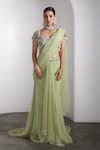 Rocky Star_Green Net Sequins, Beads Scoop Neck Embellished Blouse And Pre-draped Saree Set _Online_at_Aza_Fashions