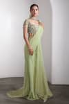Buy_Rocky Star_Green Net Sequins, Beads Scoop Neck Embellished Blouse And Pre-draped Saree Set _at_Aza_Fashions