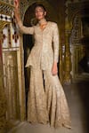 Buy_Dash And Dot_Gold Viscose Lace, Metallic Thread, Embroidery Sharara _at_Aza_Fashions