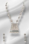 Shop_Auraa Trends_Silver Plated Pearls, Stones Temple Embellished Pendant Necklace Set _at_Aza_Fashions