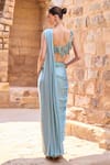 Awigna_Aqua Silk Beads, Sequins V-neck Embroidered Pre-draped Saree With Blouse _Online_at_Aza_Fashions
