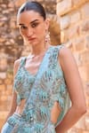 Buy_Awigna_Aqua Silk Beads, Sequins V-neck Embroidered Pre-draped Saree With Blouse _Online_at_Aza_Fashions