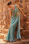 Shop_Awigna_Aqua Silk Beads, Sequins V-neck Embroidered Pre-draped Saree With Blouse _Online_at_Aza_Fashions