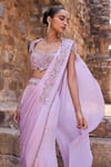 Awigna_Purple Silk Sequins, Embroidery, Beads Square Neck Pre-draped Saree With Blouse _Online_at_Aza_Fashions