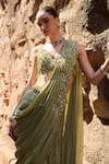 Buy_Awigna_Silk Embroidery Round Neck Sage Green Pre-draped Saree And Blouse Set _Online_at_Aza_Fashions