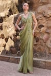 Buy_Awigna_Silk Embroidery Round Neck Sage Green Pre-draped Saree And Blouse Set _at_Aza_Fashions