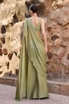 Awigna_Silk Embroidery Round Neck Sage Green Pre-draped Saree And Blouse Set _Online_at_Aza_Fashions