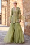 Buy_Awigna_Green Organza Sequins Round Neck Embroidered Kurta With Sharara _at_Aza_Fashions