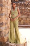 Awigna_Green Silk Embroidery, Beads, Sequins Sage Embellished Top And Pant Co-ord Set _Online_at_Aza_Fashions