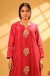 BO Tree_Magenta Chanderi, Organza Embroidery Notched Neck Mirha Kurta Set _Online_at_Aza_Fashions