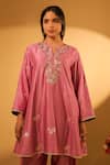 BO Tree_Pink Chanderi, Organza Embroidery Split V-neck Saba Thread Kurta Set _at_Aza_Fashions