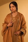 Buy_BO Tree_Mustard Cotton, Tissue Embroidery V-neck Mayra Thread Kurta Set _Online_at_Aza_Fashions