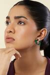 Shop_Isharya_Green Crystals, Stones Emerald Halo Rhodium Plated Studs _Online_at_Aza_Fashions