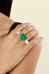 Shop_Isharya_Green Gemstones Dual Heart Emerald Rhodium Plated Ring _Online_at_Aza_Fashions