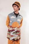 Jubinav Chadha_Mustard Suede Patchwork, Embroidery Quilted Landscape Jacket _Online_at_Aza_Fashions