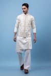 Shop_PAARSH_Ivory Linen, Satin, Silk Embroidery Cubic Nehru Jacket Kurta Set _at_Aza_Fashions