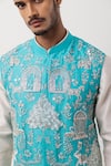 Shop_PAARSH_Blue Organza, Chanderi Embroidery Silver Seranade Nehru Jacket Kurta Set _Online_at_Aza_Fashions