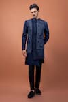 Shop_PAARSH_Navy Linen, Satin Embroidery Blue Aviary Achkan With Pant _at_Aza_Fashions