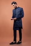 PAARSH_Navy Linen, Satin Embroidery Blue Aviary Achkan With Pant _Online_at_Aza_Fashions