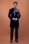 Buy_PAARSH_Blue Velvet Embroidery Azure Crest Achkan With Pant _at_Aza_Fashions