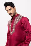 Shop_PAARSH_Maroon Linen, Satin Embroidery Threaded Prism Kurta _Online_at_Aza_Fashions