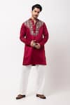 Buy_PAARSH_Maroon Linen, Satin Embroidery Threaded Prism Kurta _at_Aza_Fashions