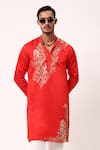 Buy_PAARSH_Orange Linen, Satin Embroidery Saffron Gleam Kurta _at_Aza_Fashions