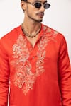 PAARSH_Orange Linen, Satin Embroidery Saffron Gleam Kurta _at_Aza_Fashions