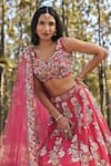 Buy_Panihari_Red Silk, Net Cut Work, Sequins V-neck Raw Embroidered Lehenga Set _Online_at_Aza_Fashions
