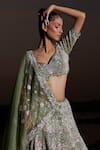 Buy_Panihari_Green Silk, Velvet, Organza Sequins, Beads, Zari, Embroidered Bridal Lehenga Set _Online_at_Aza_Fashions