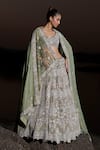 Buy_Panihari_Green Silk, Velvet, Organza Sequins, Beads, Zari, Embroidered Bridal Lehenga Set _at_Aza_Fashions