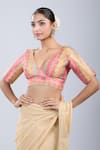 Samyukta Singhania_Peach Brocade V-neck Geometric Pattern Blouse _Online_at_Aza_Fashions